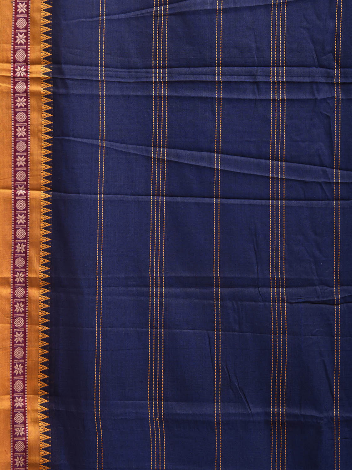 Dark Blue and Yellow Narayanpet Cotton Saree with Strips Body Design No Blouse np1426