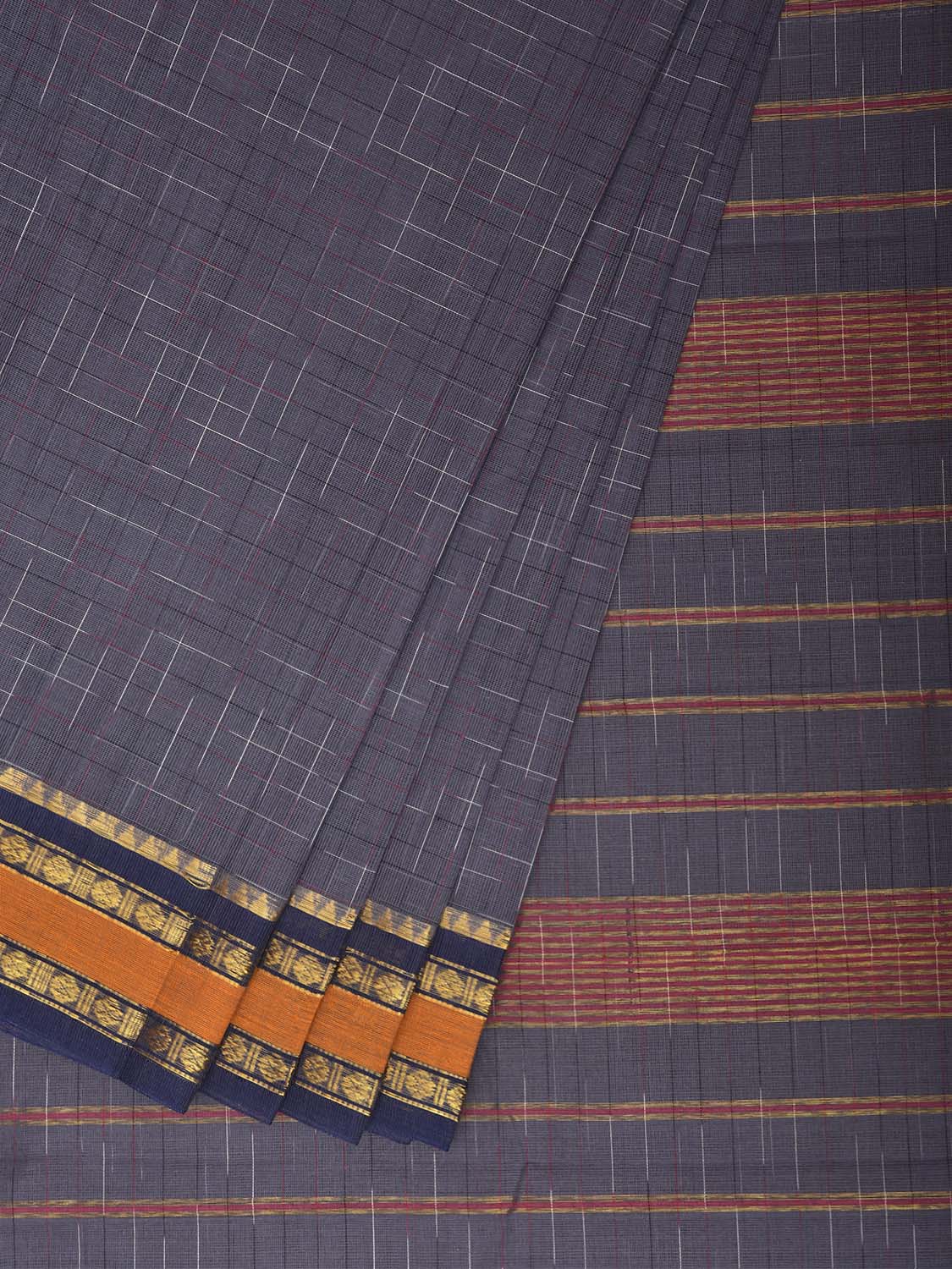 Grey and Dark Blue Narayanpet Cotton Handloom Saree with Checks Design No Blouse np1428