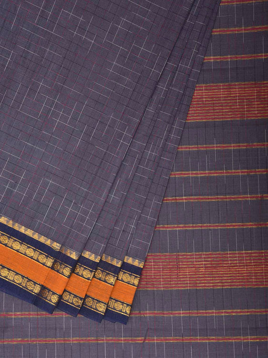 Grey and Dark Blue Narayanpet Cotton Handloom Saree with Checks Design No Blouse np1428