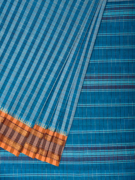 Blue Narayanpet Cotton Handloom Saree with Strips and Ganga-Jamuna Border Design No Blouse np1429