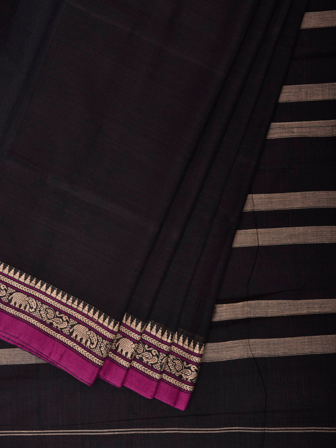 Black Narayanpet Cotton Handloom Plain Saree with Strips Pallu Design No Blouse np1435