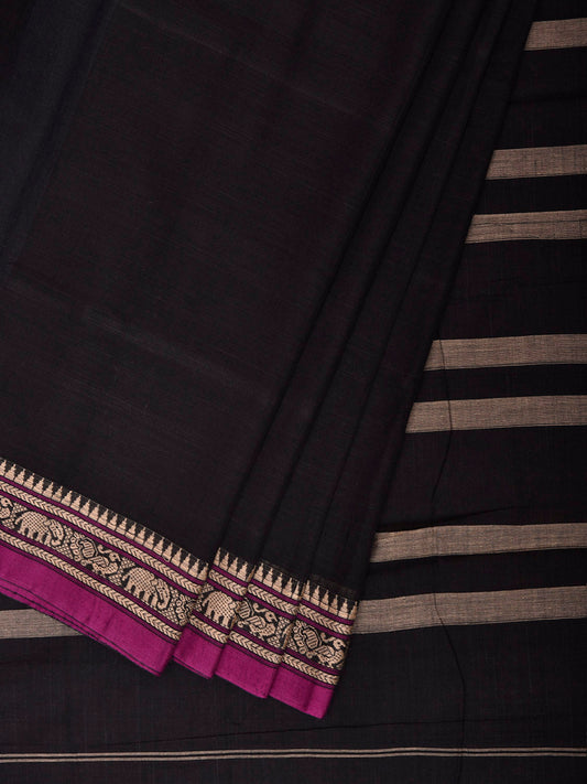 Black Narayanpet Cotton Handloom Plain Saree with Strips Pallu Design No Blouse np1435