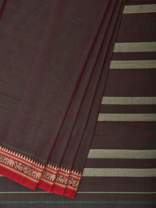 Brown Narayanpet Cotton Handloom Plain Saree with Strips Pallu Design No Blouse np1436