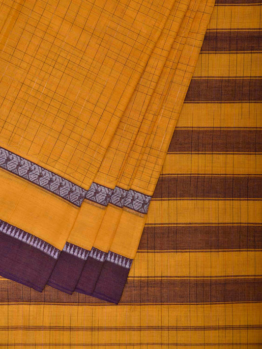 Yellow Narayanpet Cotton Saree with Checks and One Side Big Border Design No Blouse np1437