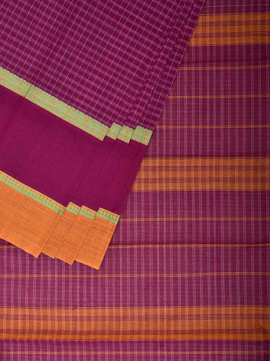 Purple and Yellow Narayanpet Cotton Saree with Checks and Big Border Design No Blouse np1441