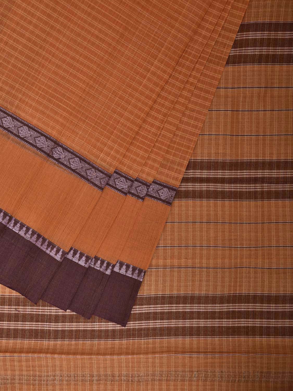 Orange and Brown Narayanpet Cotton Saree with Checks and Big Border Design No Blouse np1442