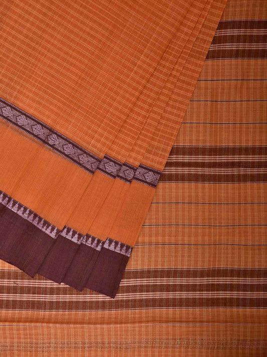 Orange and Brown Narayanpet Cotton Saree with Checks and Big Border Design No Blouse np1442