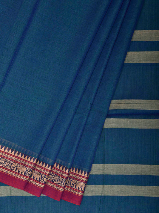 Blue Narayanpet Cotton Plain Saree with Strips Pallu Design No Blouse np1444