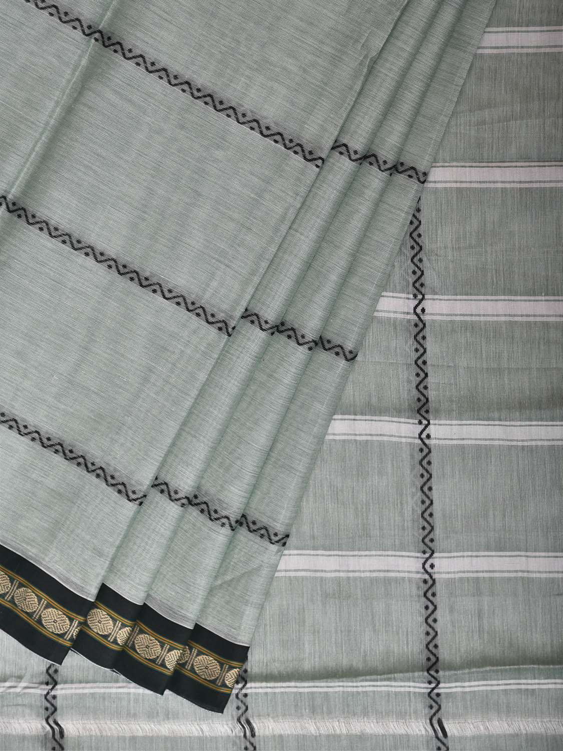 Sea Green and Black Narayanpet Cotton Saree with Strips Design No Blouse np1446