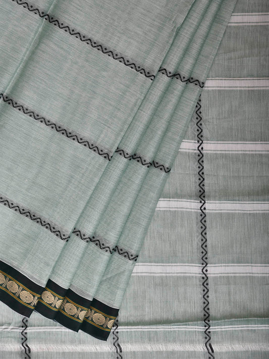 Sea Green and Black Narayanpet Cotton Saree with Strips Design No Blouse np1446
