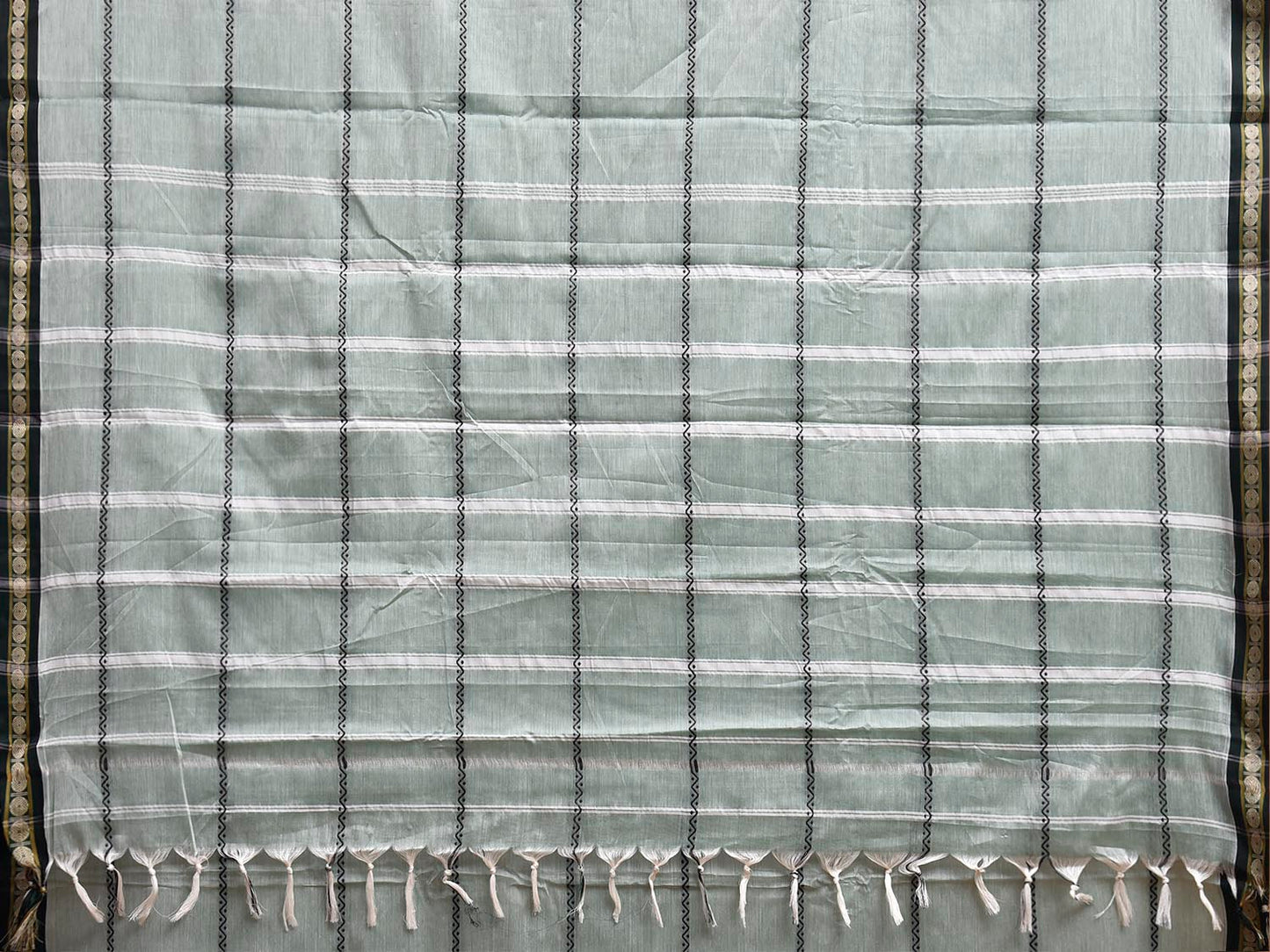 Sea Green and Black Narayanpet Cotton Saree with Strips Design No Blouse np1446