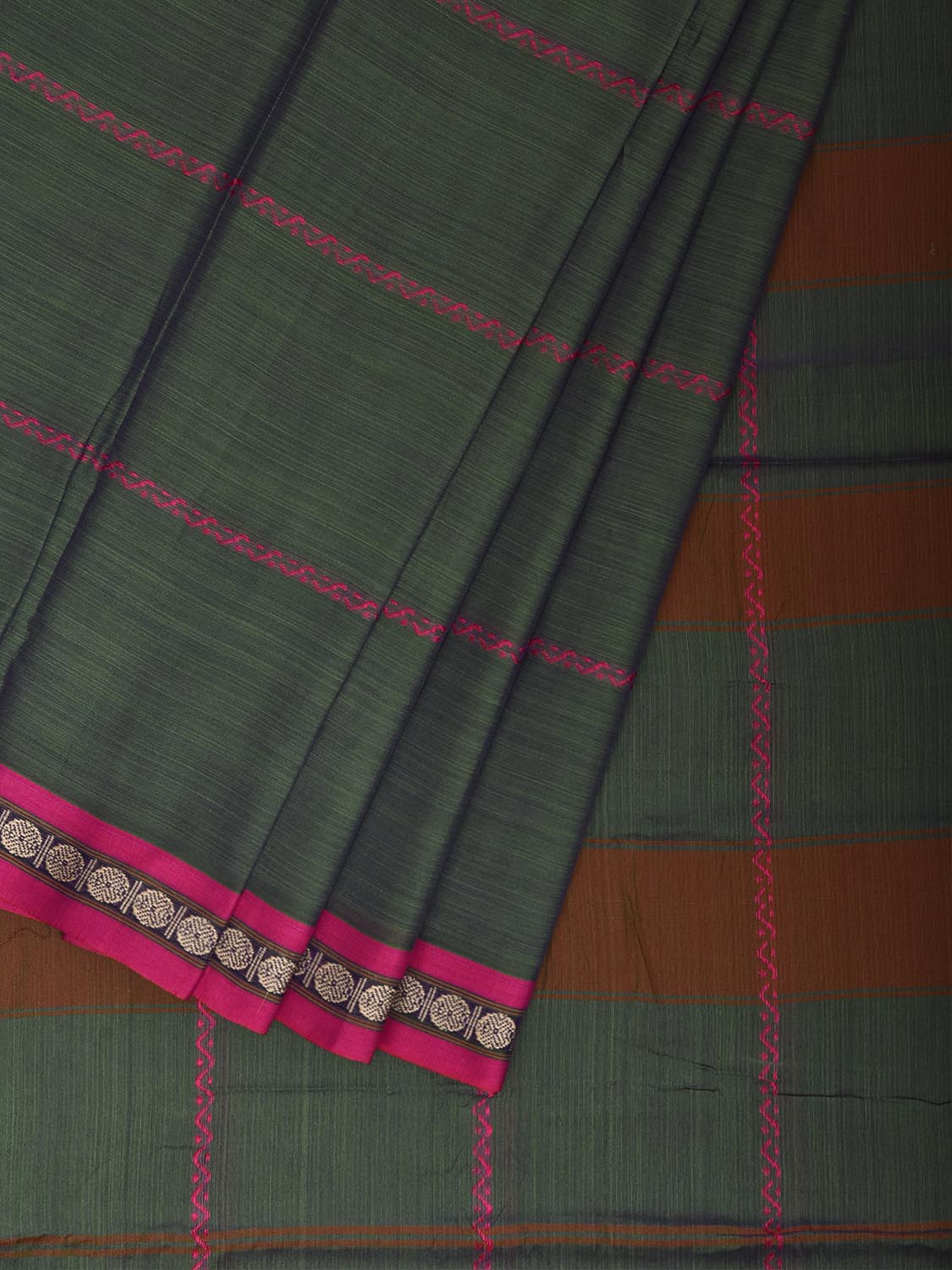 Dark Green and Pink Narayanpet Cotton Saree with Strips Design No Blouse np1448