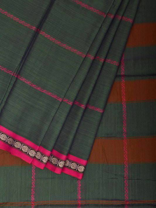 Dark Green and Pink Narayanpet Cotton Saree with Strips Design No Blouse np1448
