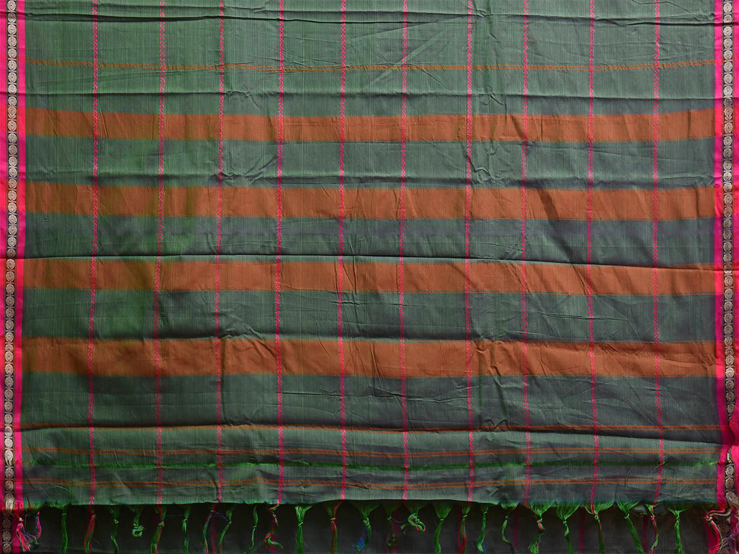 Dark Green and Pink Narayanpet Cotton Saree with Strips Design No Blouse np1448