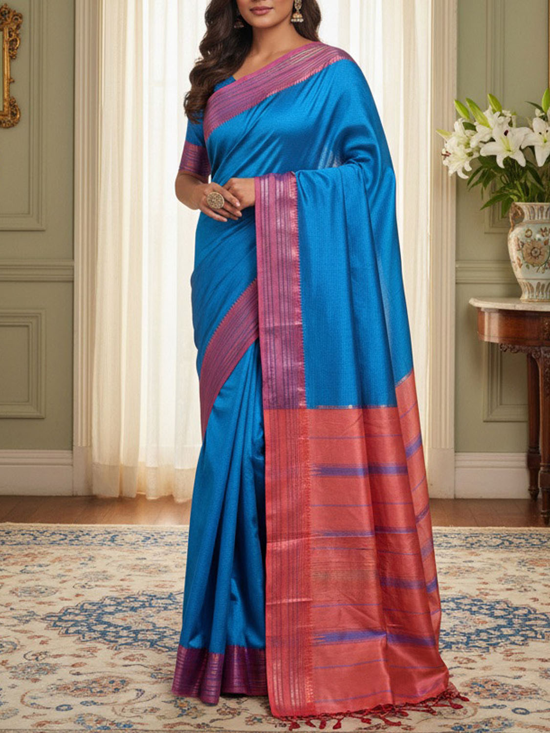 Blue and Peach Narayanpet Silk Saree with Checks Design np1449