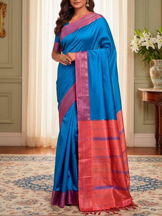 Blue and Peach Narayanpet Silk Saree with Checks Design np1449