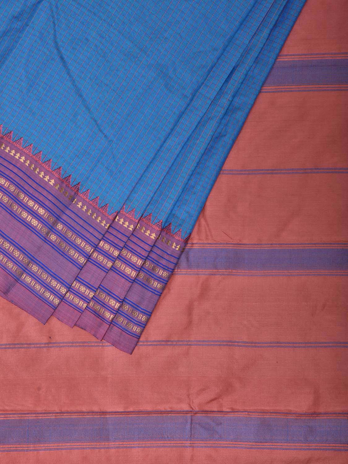 Blue and Peach Narayanpet Silk Saree with Checks Design np1449
