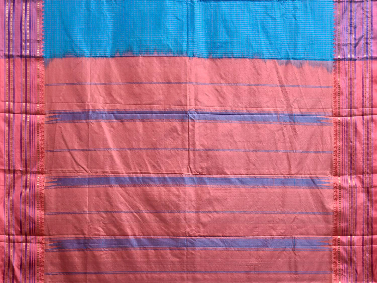 Blue and Peach Narayanpet Silk Saree with Checks Design np1449