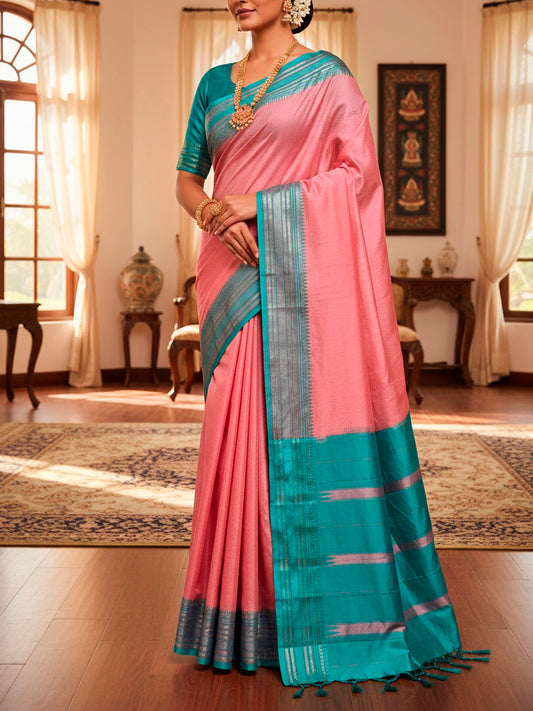 Peach and Turquoise Narayanpet Silk Saree with Checks Design np1450