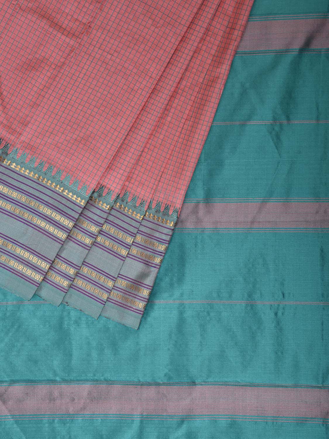 Peach and Turquoise Narayanpet Silk Saree with Checks Design np1450
