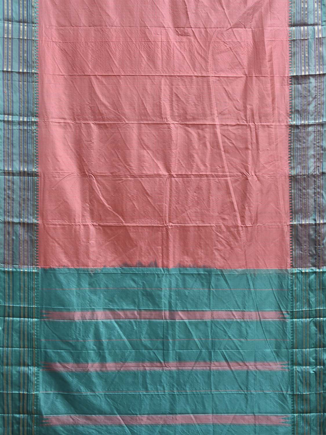 Peach and Turquoise Narayanpet Silk Saree with Checks Design np1450