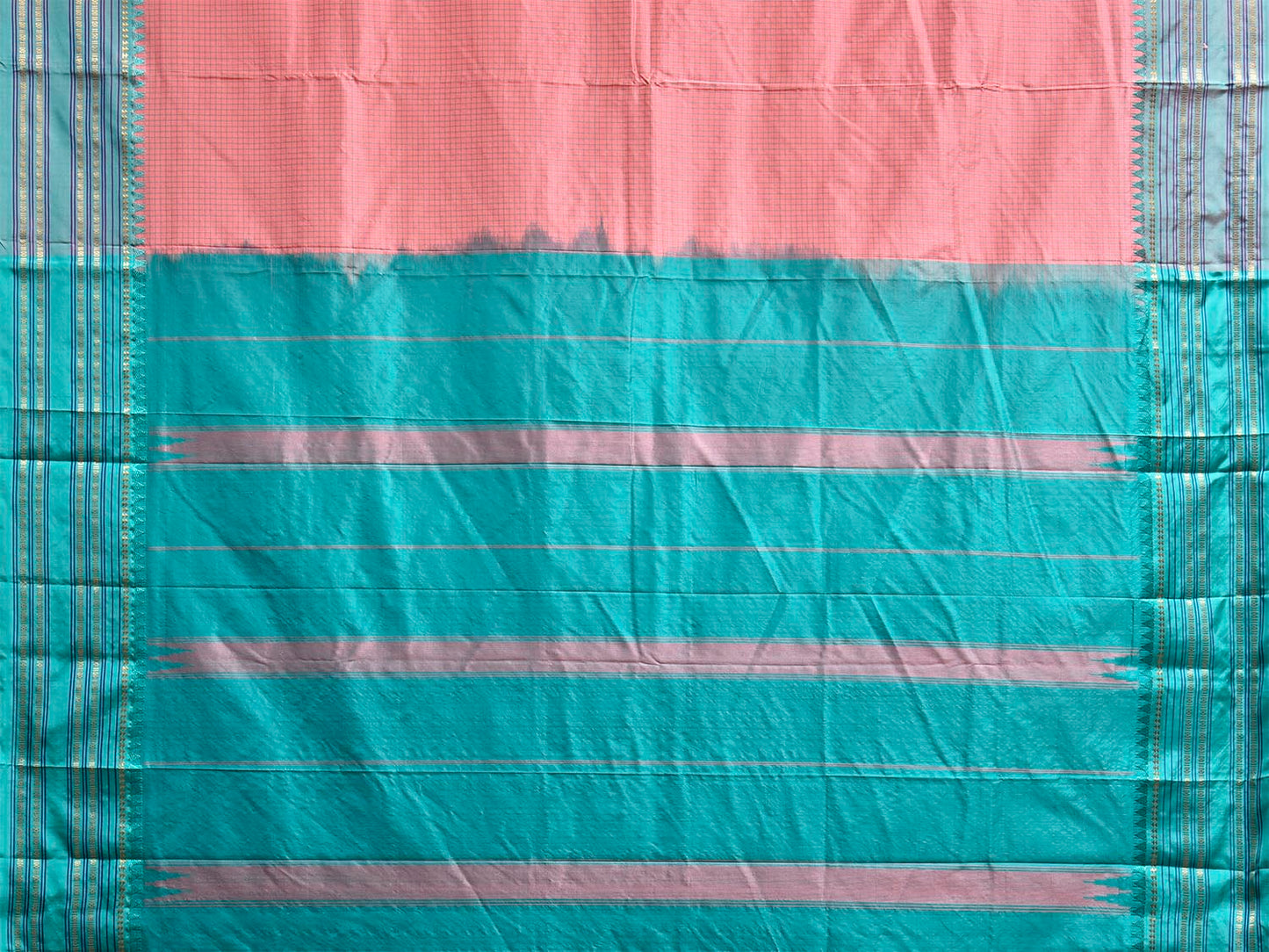Peach and Turquoise Narayanpet Silk Saree with Checks Design np1450