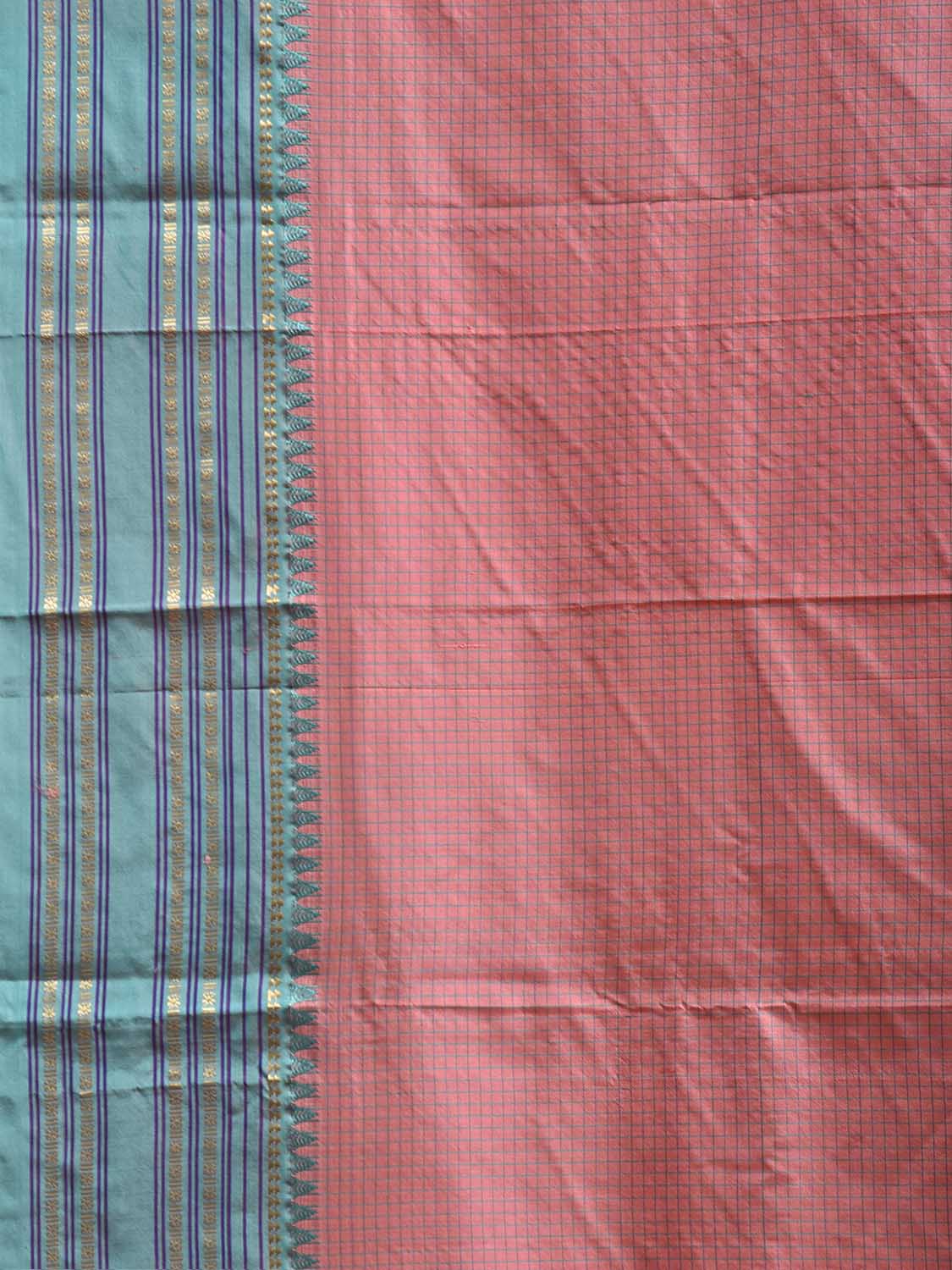 Peach and Turquoise Narayanpet Silk Saree with Checks Design np1450