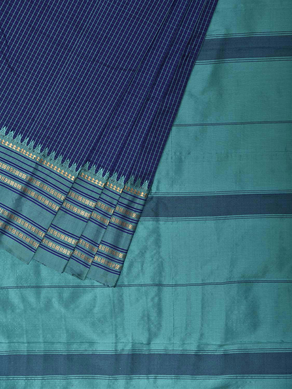 Dark Blue and Turquoise Narayanpet Silk Saree with Checks Design np1451
