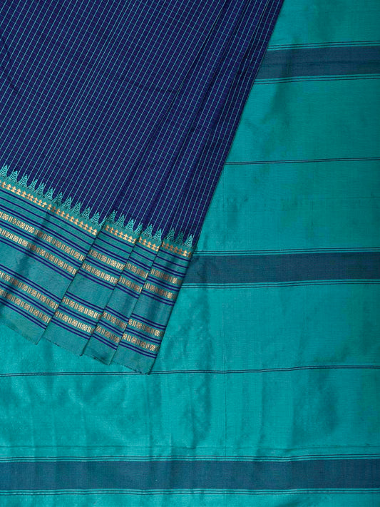 Dark Blue and Turquoise Narayanpet Silk Saree with Checks Design np1451