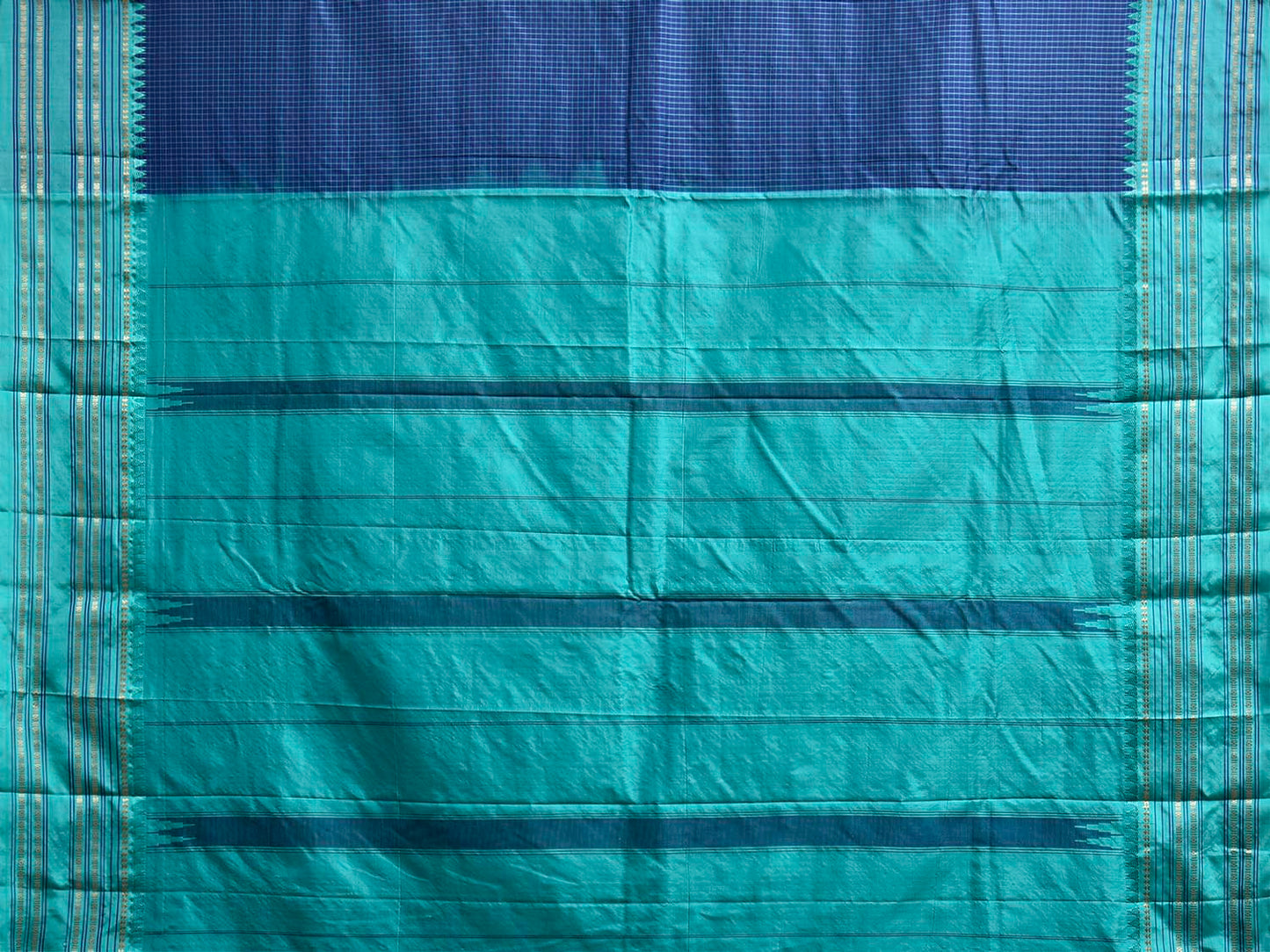 Dark Blue and Turquoise Narayanpet Silk Saree with Checks Design np1451