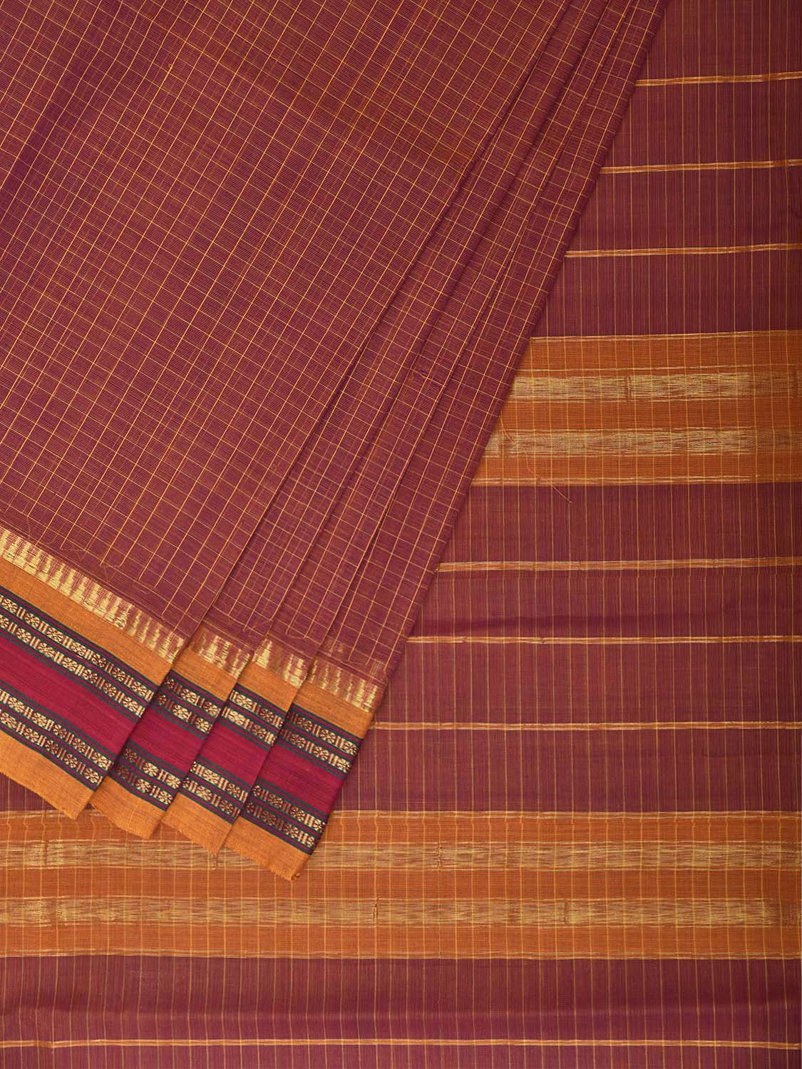 Rust and Yellow Narayanpet Cotton Handloom Saree with Checks Design No Blouse np1452