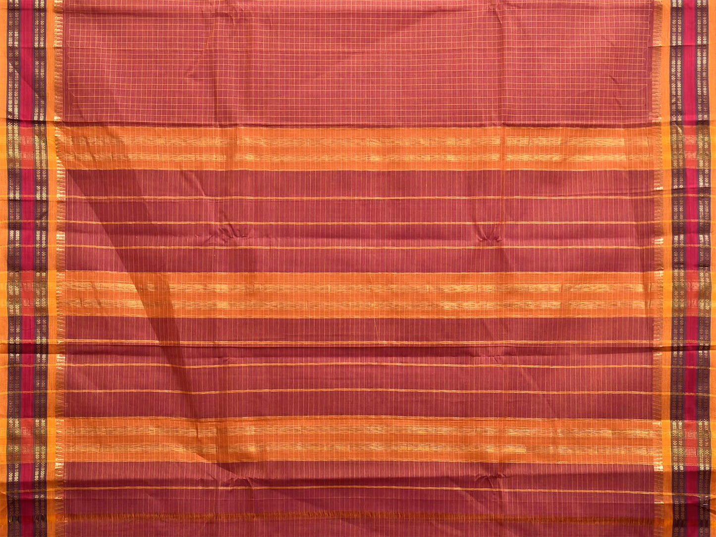 Rust and Yellow Narayanpet Cotton Handloom Saree with Checks Design No Blouse np1452