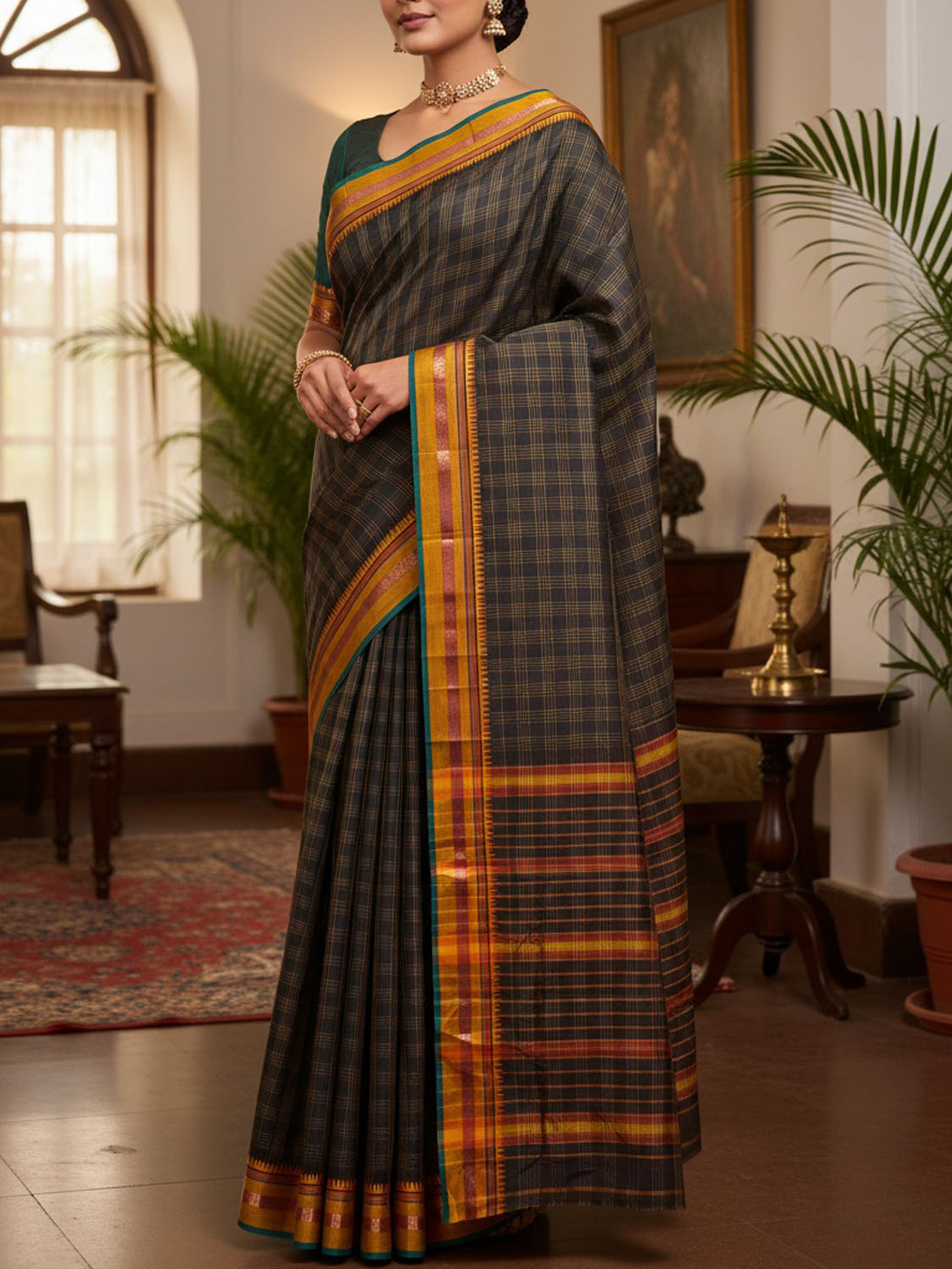 Dark Grey and Yellow Narayanpet Cotton Handloom Saree with Big Checks Design No Blouse np1453