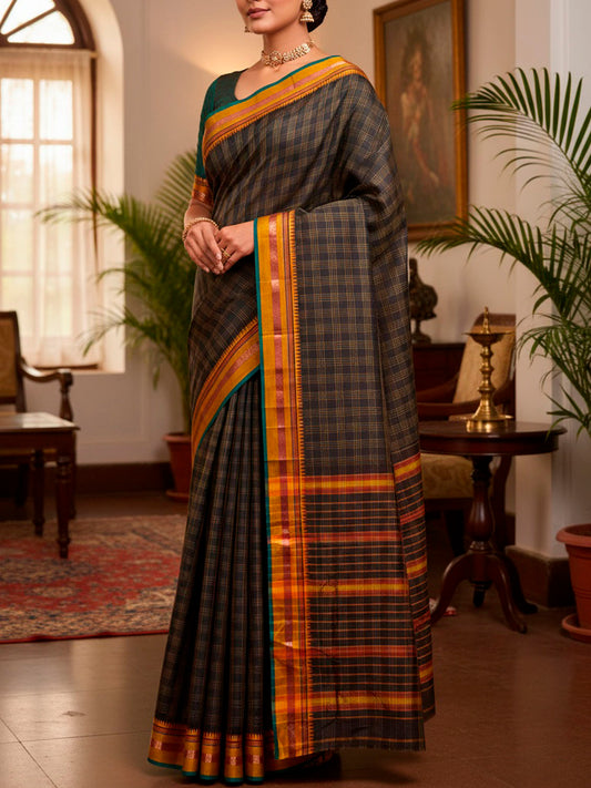 Dark Grey and Yellow Narayanpet Cotton Handloom Saree with Big Checks Design No Blouse np1453