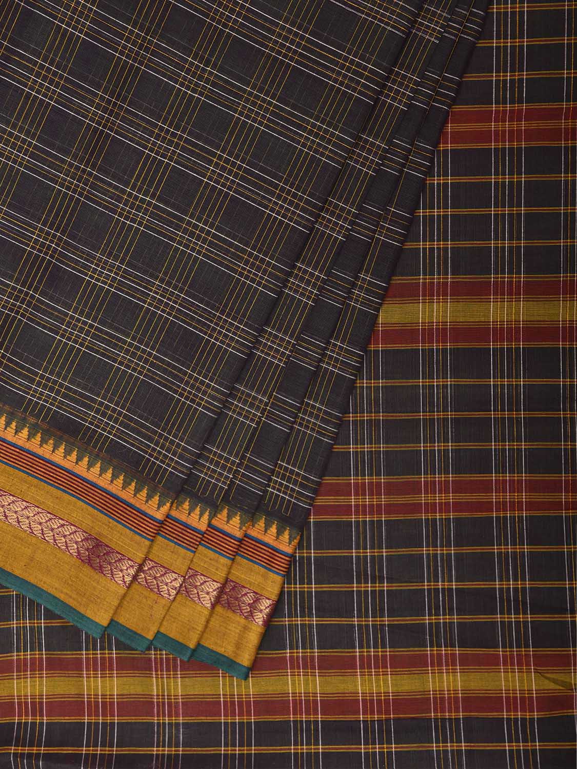 Dark Grey and Yellow Narayanpet Cotton Handloom Saree with Big Checks Design No Blouse np1453