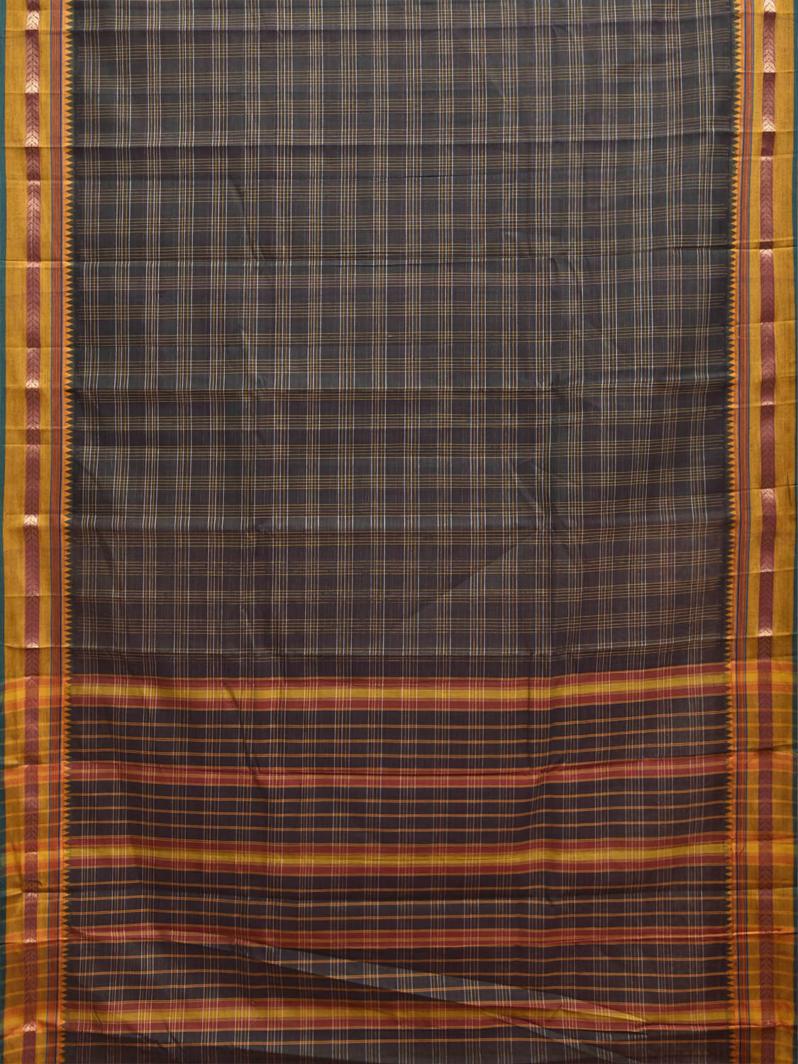 Dark Grey and Yellow Narayanpet Cotton Handloom Saree with Big Checks Design No Blouse np1453