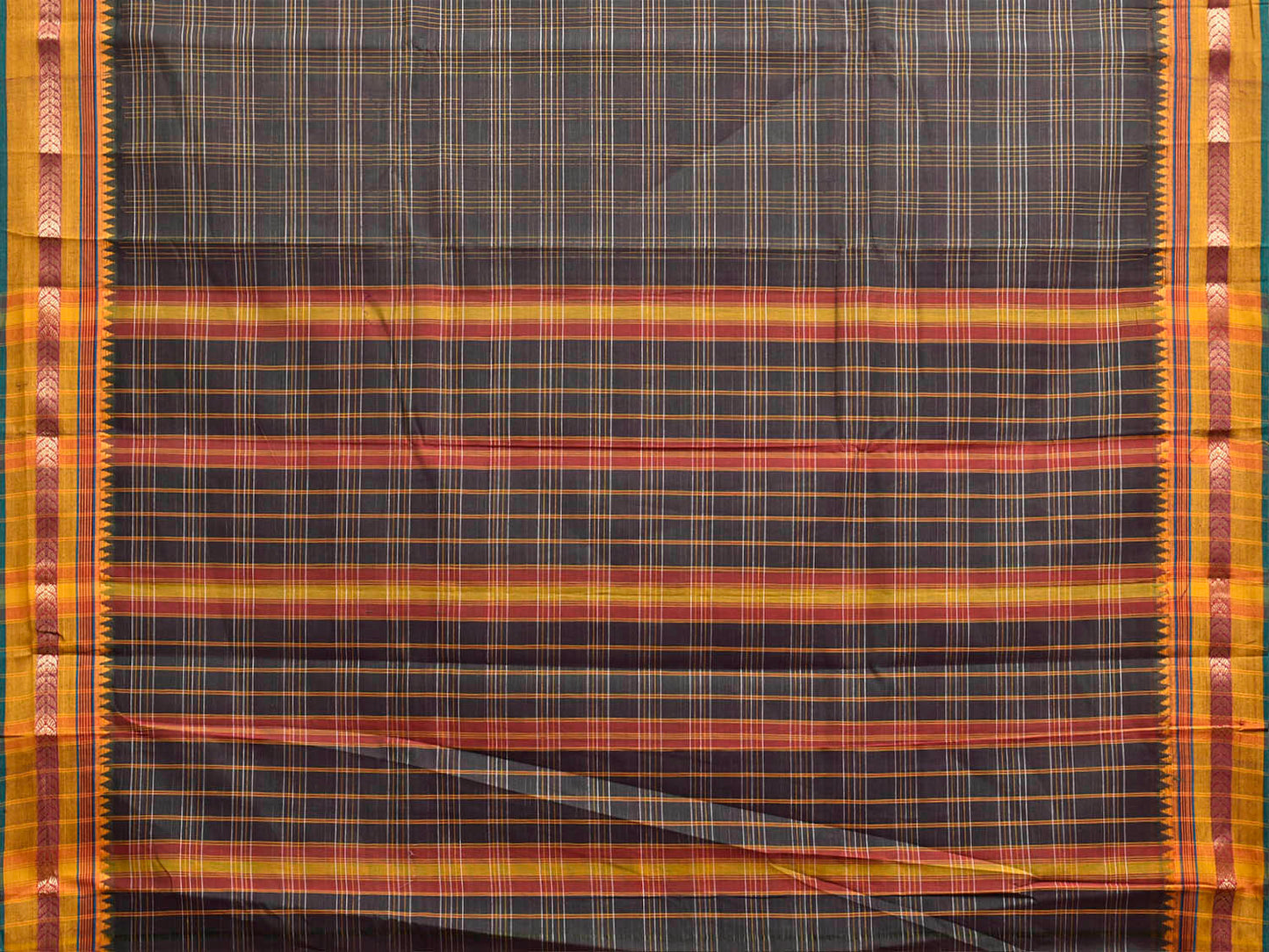 Dark Grey and Yellow Narayanpet Cotton Handloom Saree with Big Checks Design No Blouse np1453