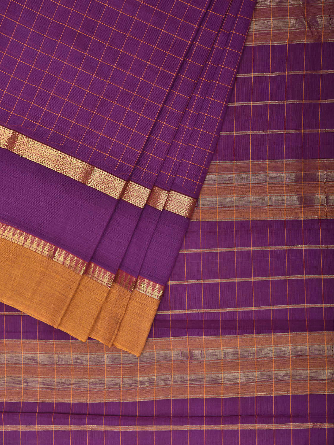 Purple and Yellow Narayanpet Cotton Handloom Saree with Big Checks and Border Design No Blouse np1455