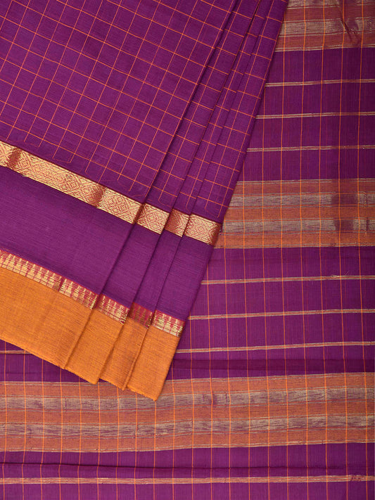 Purple and Yellow Narayanpet Cotton Handloom Saree with Big Checks and Border Design No Blouse np1455