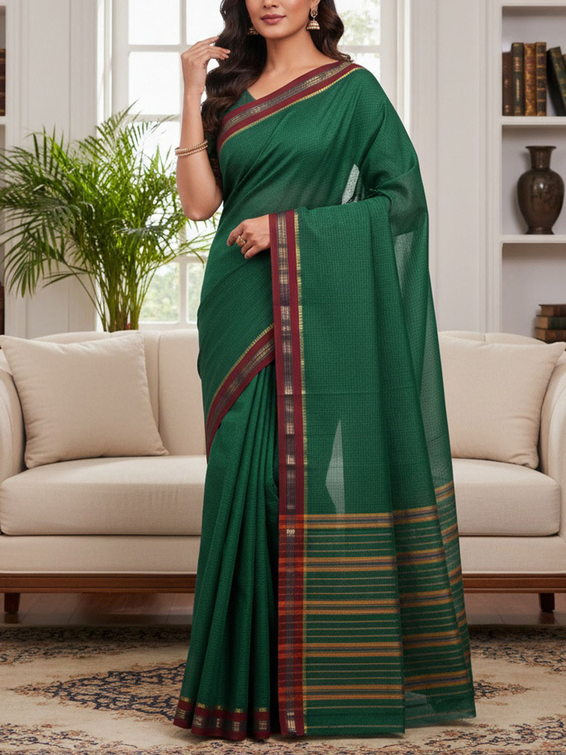 Green and Red Narayanpet Cotton Handloom Saree with Checks Design No Blouse np1457