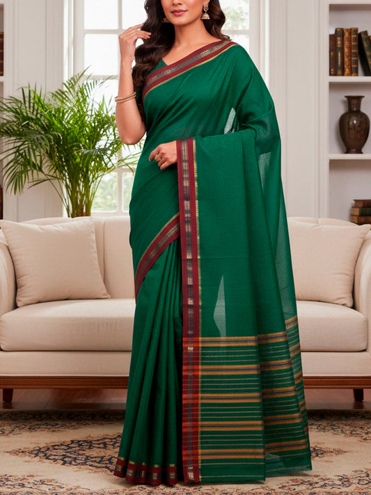 Green and Red Narayanpet Cotton Handloom Saree with Checks Design No Blouse np1457