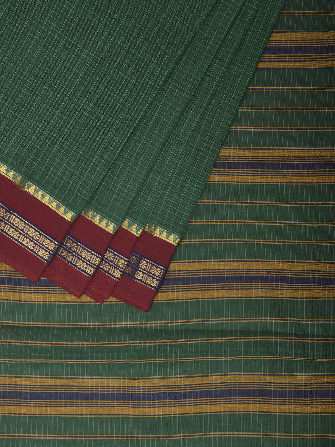 Green and Red Narayanpet Cotton Handloom Saree with Checks Design No Blouse np1457