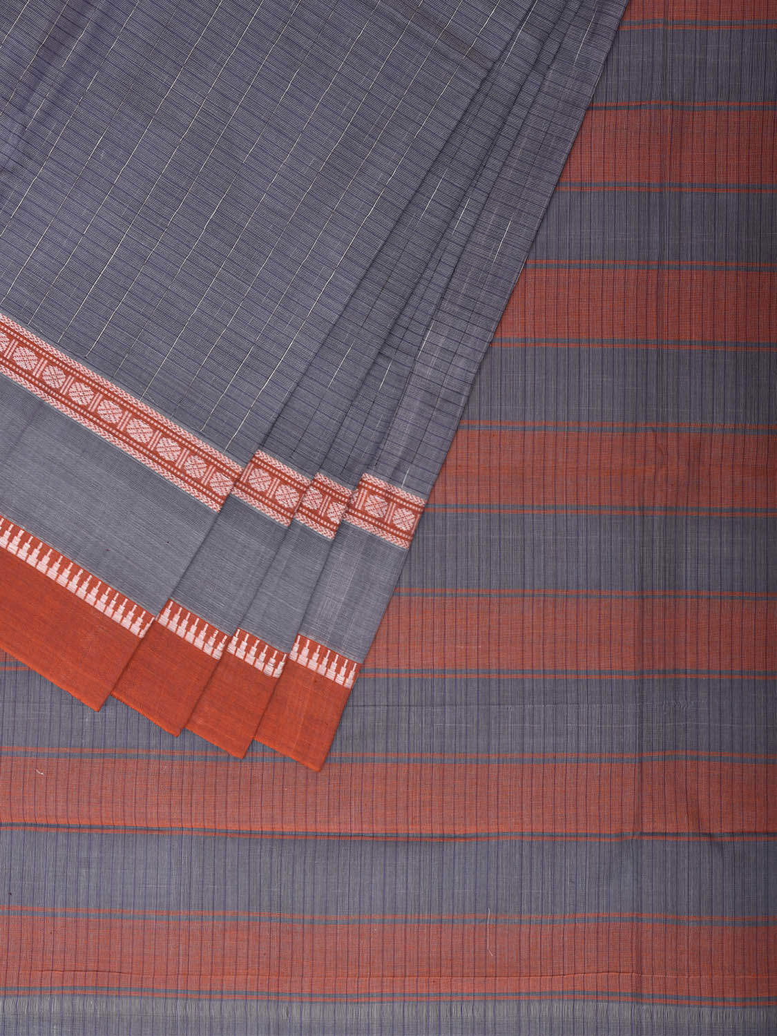 Grey and Orange Narayanpet Cotton Handloom Saree with Strips Pallu and Big Border Design No Blouse np1458