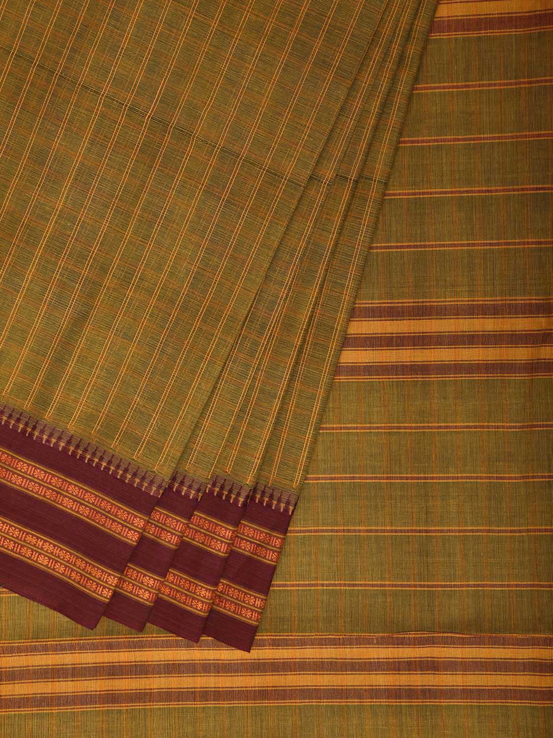 Olive and Maroon Narayanpet Cotton Handloom Saree with Checks Design No Blouse np1459