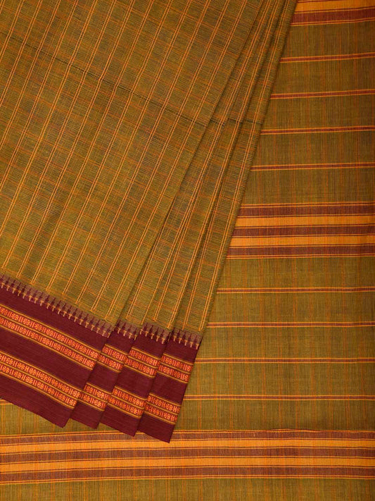 Olive and Maroon Narayanpet Cotton Handloom Saree with Checks Design No Blouse np1459