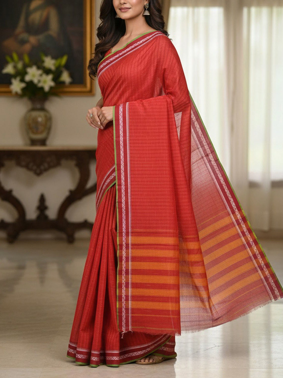 Red and Orange Narayanpet Cotton Handloom Saree with Strips Body and Pallu Design No Blouse np1460