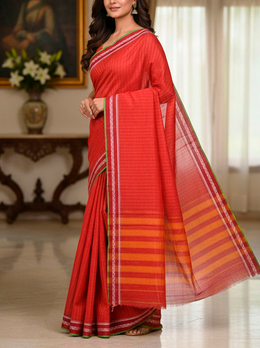 Red and Orange Narayanpet Cotton Handloom Saree with Strips Body and Pallu Design No Blouse np1460