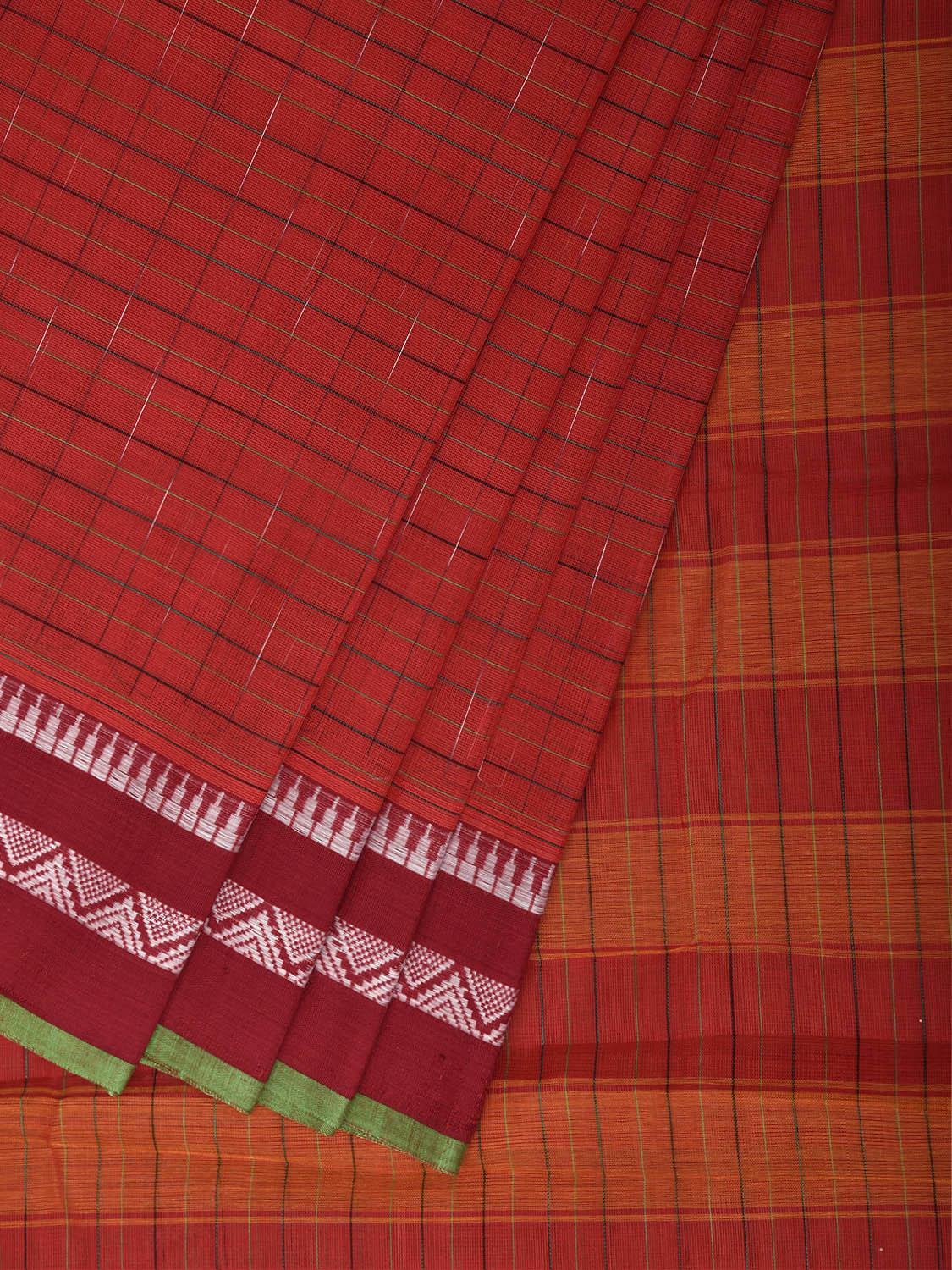 Red and Orange Narayanpet Cotton Handloom Saree with Strips Body and Pallu Design No Blouse np1460