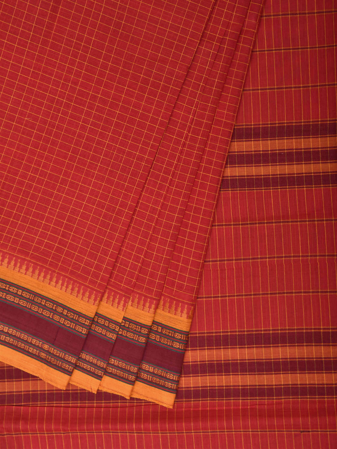Red and Yellow Narayanpet Cotton Handloom Saree with Checks Design No Blouse np1462