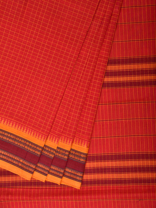 Red and Yellow Narayanpet Cotton Handloom Saree with Checks Design No Blouse np1462